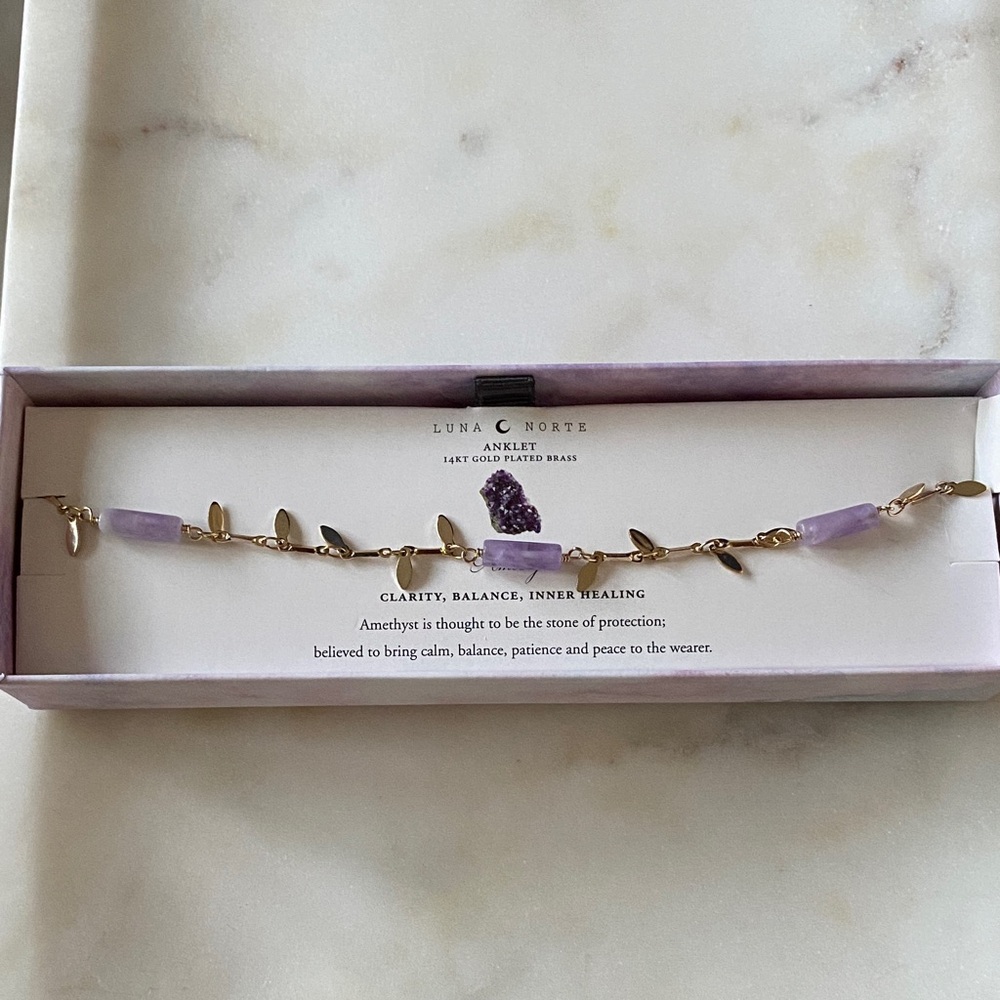 NWT LUNA C NORTE
AMETHYST ANKLET 14KT GOLD PLATED BRASS